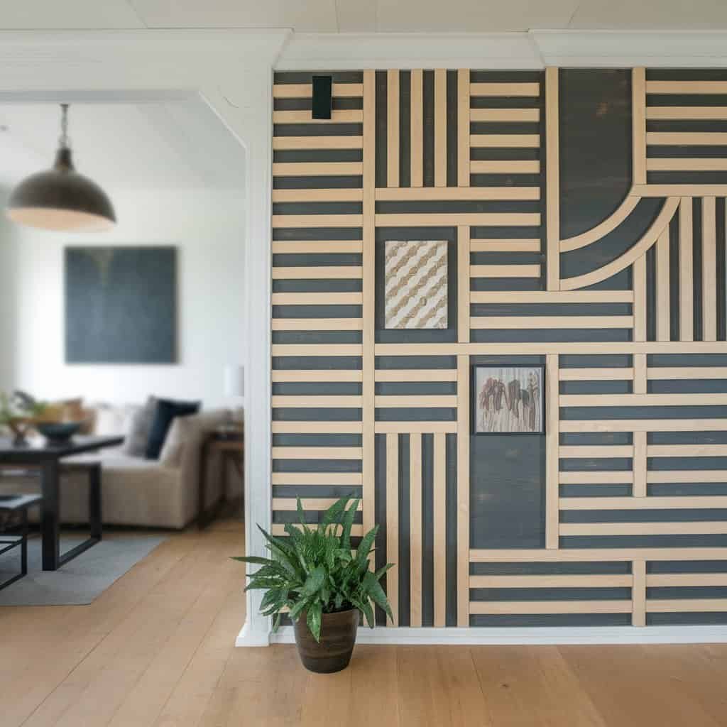 Modern living room with a geometric accent wall featuring black and wooden stripes, complemented by a cozy seating area and a potted plant.