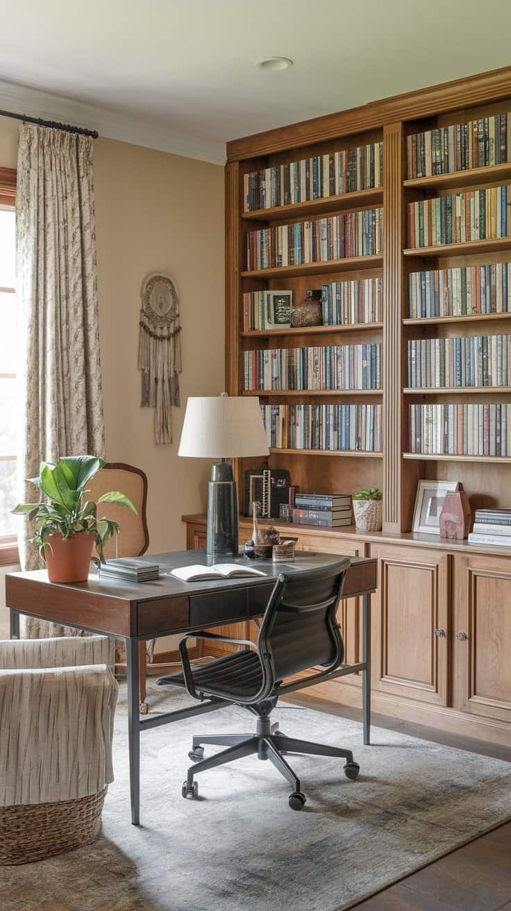 Cozy home office with a wooden desk, black chair, and a potted plant, featuring a large bookshelf filled with books, warm lighting, and decorative elements.