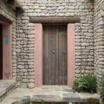 Wooden door framed by stone walls and pink accents, showcasing traditional architecture with a welcoming entrance and surrounding greenery.