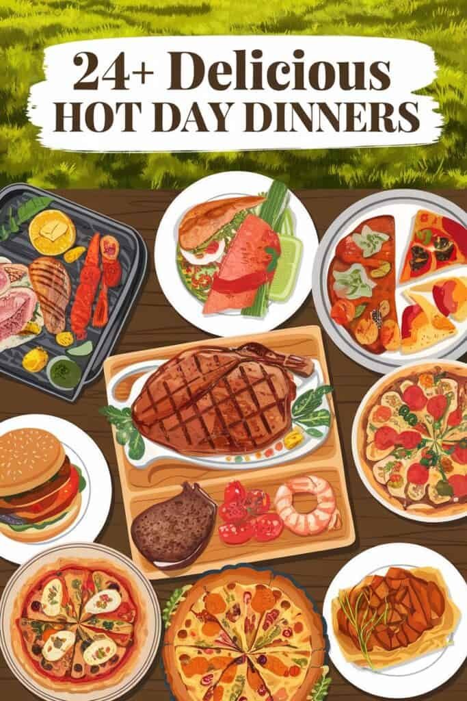 A colorful assortment of delicious hot day dinners, featuring grilled meats, seafood, burgers, pizzas, and fresh vegetables, perfect for summer meals.