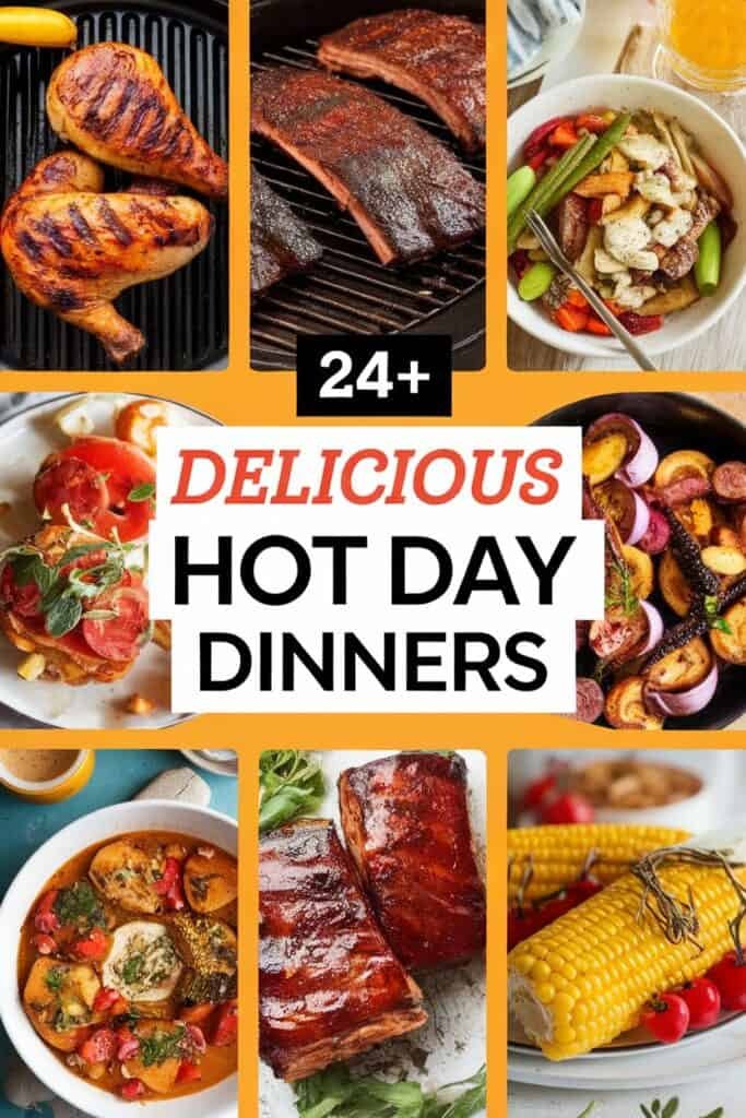 A collage of delicious hot day dinner ideas featuring grilled chicken, ribs, fresh vegetables, and corn on the cob. The image highlights over 24 recipes perfect for warm weather meals, showcasing vibrant colors and appetizing presentations.