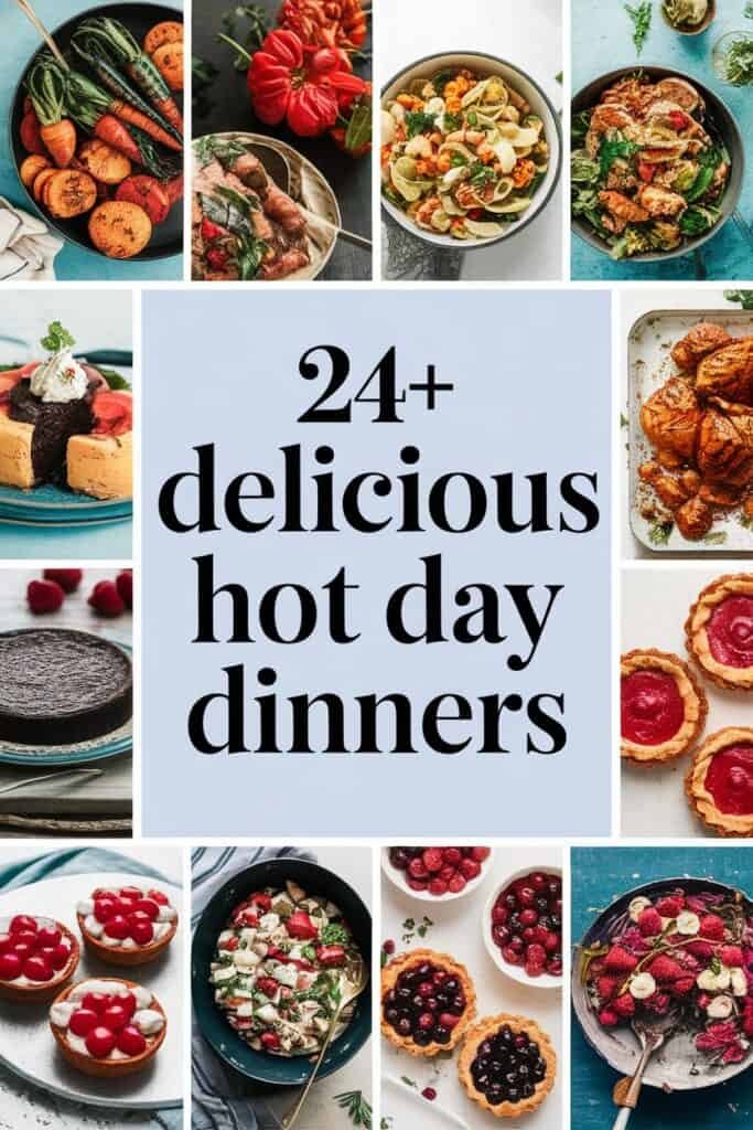 A collage of 24+ delicious hot day dinner recipes featuring vibrant salads, grilled vegetables, savory main dishes, and enticing desserts like fruit tarts and chocolate cakes, perfect for summer dining.