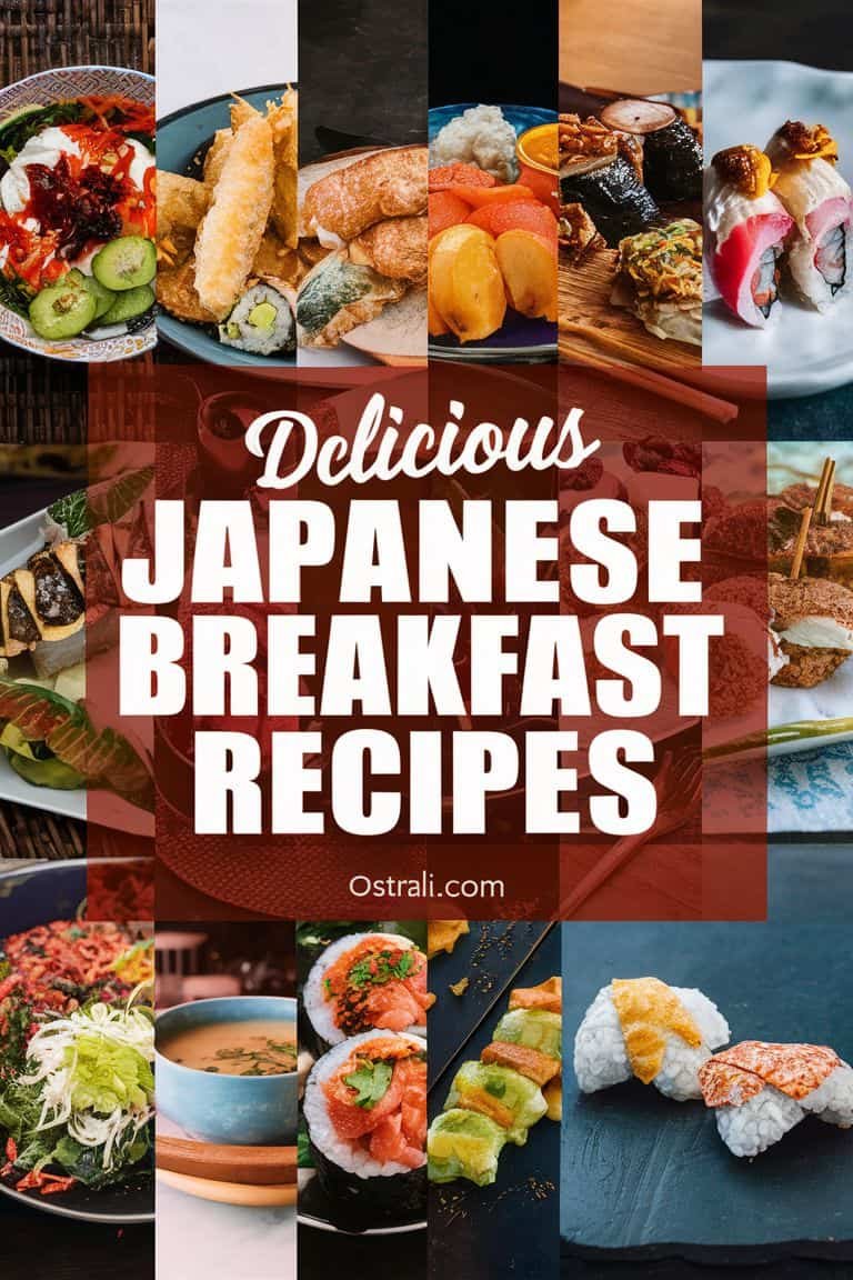 A vibrant assortment of traditional Japanese breakfast dishes, featuring rice, fish, vegetables, and pickles, with a bold overlay text highlighting "Delicious Japanese Breakfast Recipes."