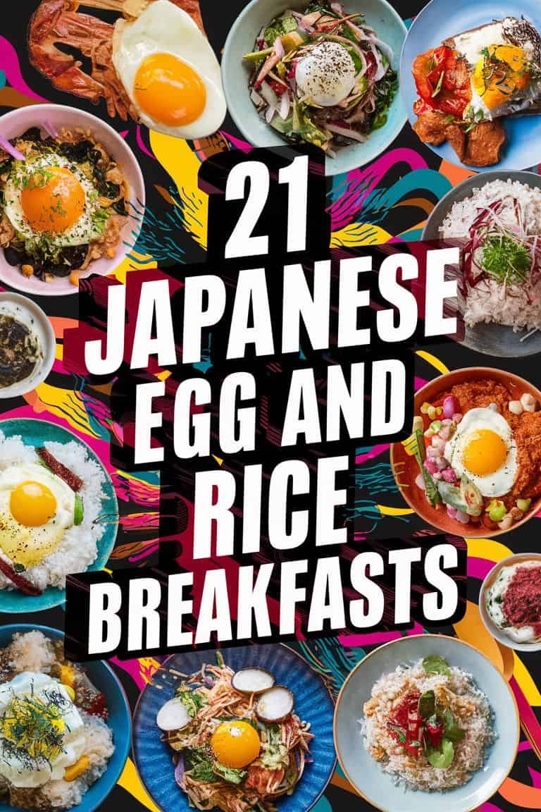 A vibrant collage showcasing 21 different Japanese egg and rice breakfast dishes, featuring colorful bowls filled with various ingredients like fried eggs, vegetables, and rice, set against a dynamic background.