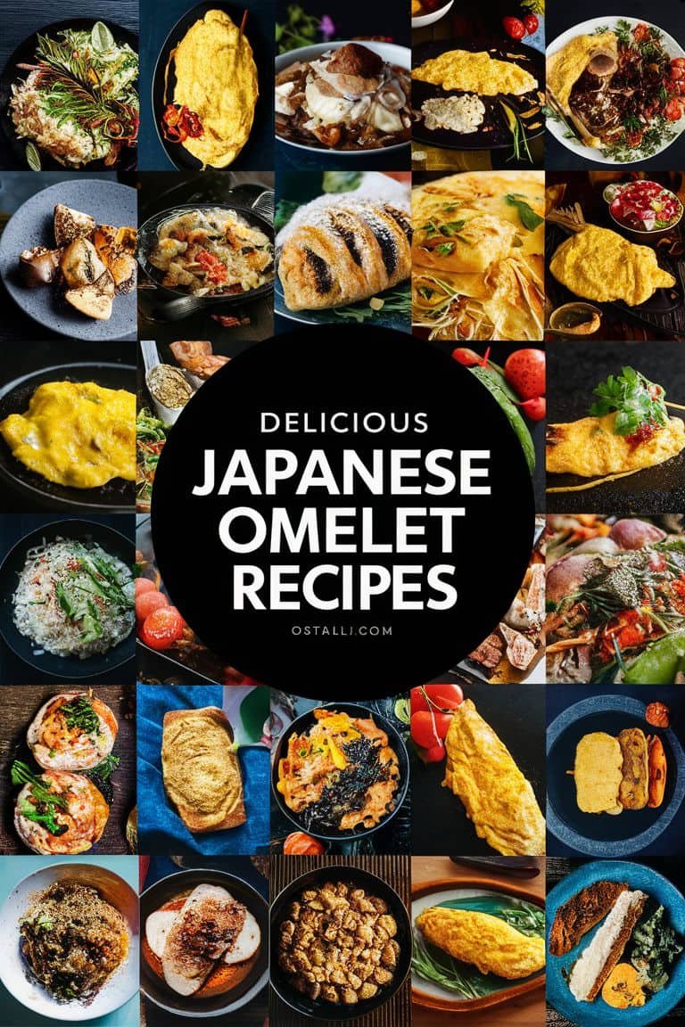 A collage of various Japanese omelet dishes showcasing different styles and ingredients, featuring a central title that reads "Delicious Japanese Omelet Recipes."