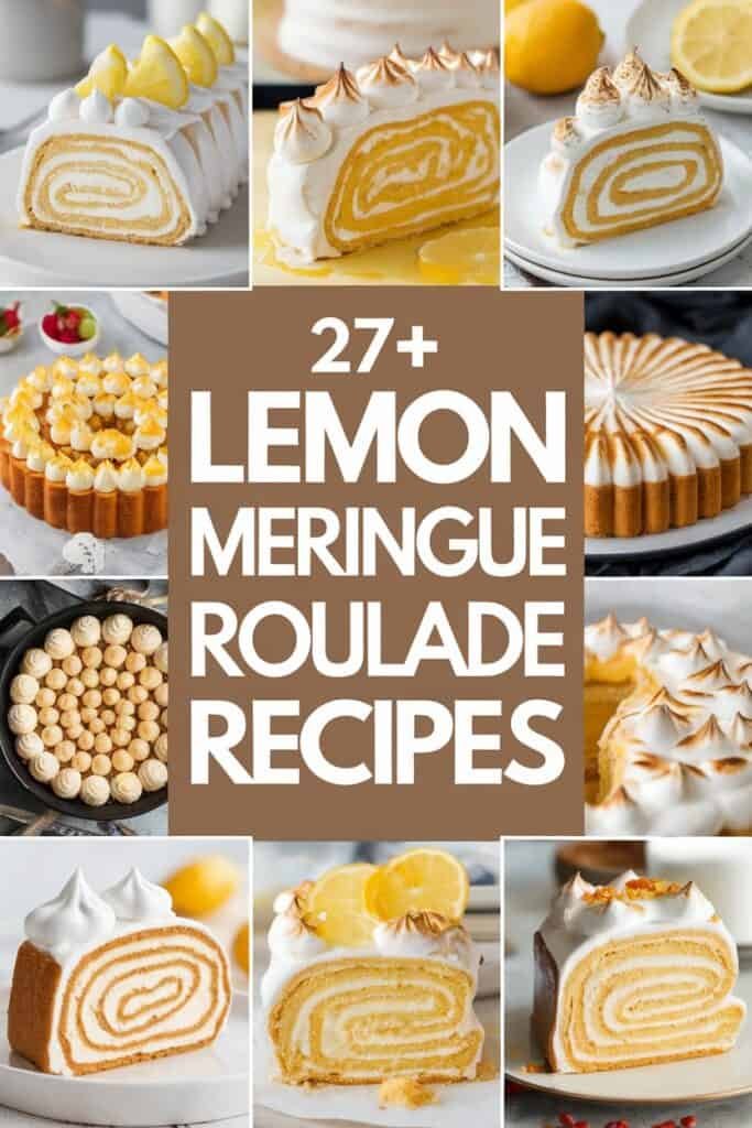A collage of delicious lemon meringue roulade desserts featuring various styles and presentations, showcasing over 27 recipes. The image includes rolled cakes with lemon filling and meringue topping, elegantly arranged on plates and platters, highlighting the vibrant yellow color and fluffy textures. Perfect for dessert enthusiasts looking for creative lemon meringue ideas.
