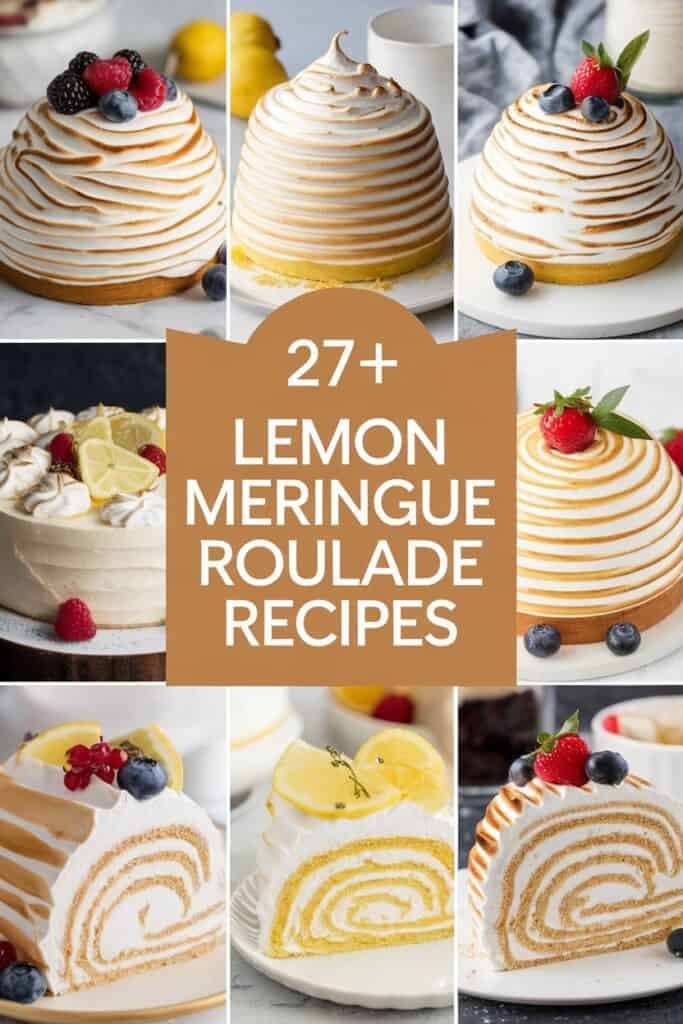 Collection of 27+ lemon meringue roulade recipes featuring various beautifully decorated cakes with lemon and berry toppings, showcasing a variety of styles and presentations.