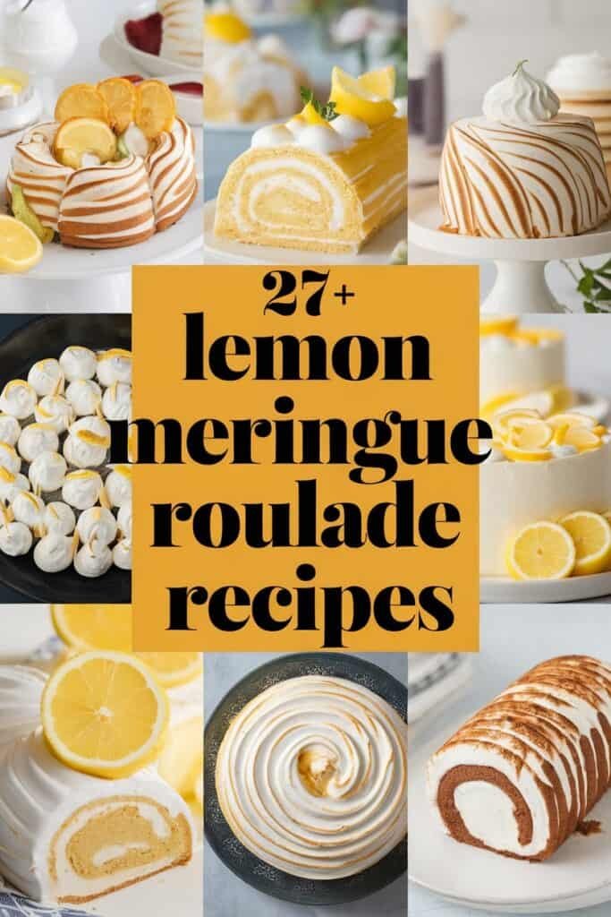 A collage of lemon meringue roulade desserts, showcasing various styles and presentations, including rolled cakes, meringue cookies, and decorative garnishes with lemon slices and mint leaves. The image highlights over 27 lemon meringue roulade recipes, emphasizing their vibrant colors and textures.