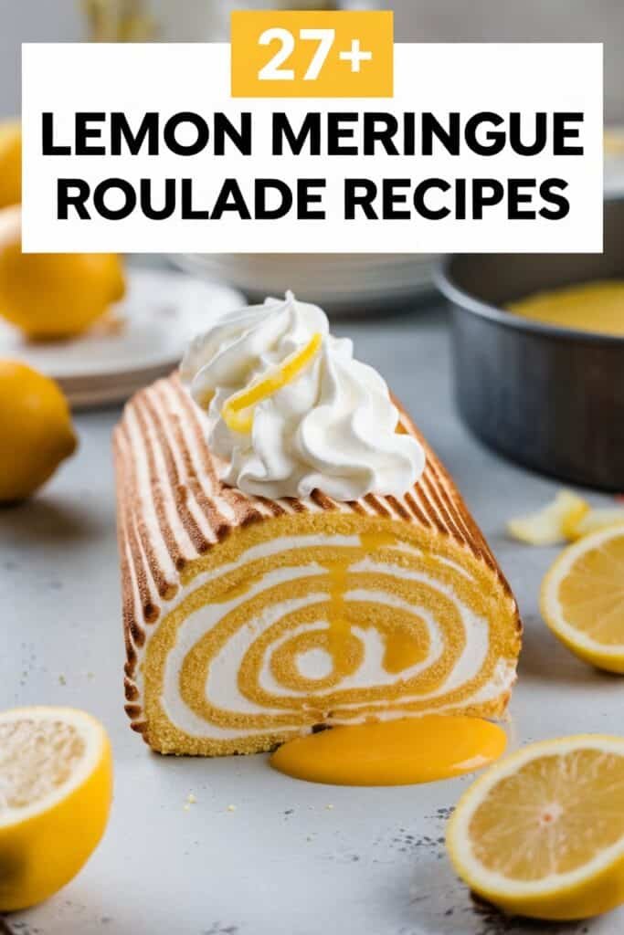 Lemon meringue roulade with whipped cream and lemon curd, surrounded by fresh lemons, showcasing 27+ delicious recipes for this dessert.