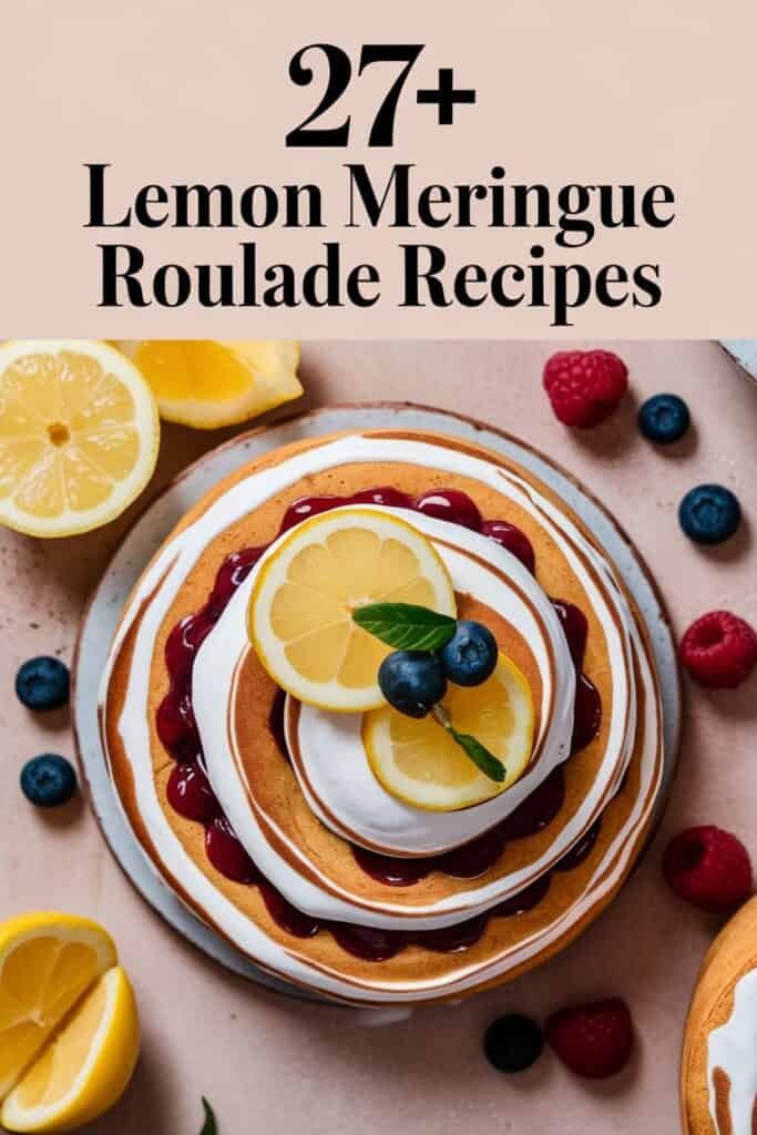 Lemon meringue roulade topped with fresh lemon slices, blueberries, and raspberry sauce, accompanied by lemon halves and berries, showcasing 27+ delicious recipes.