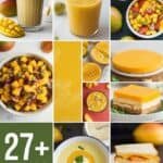 A collage of 27+ mango recipes, featuring mango smoothies, fresh mango salsa, mango desserts, and mango salads, showcasing vibrant colors and diverse textures.