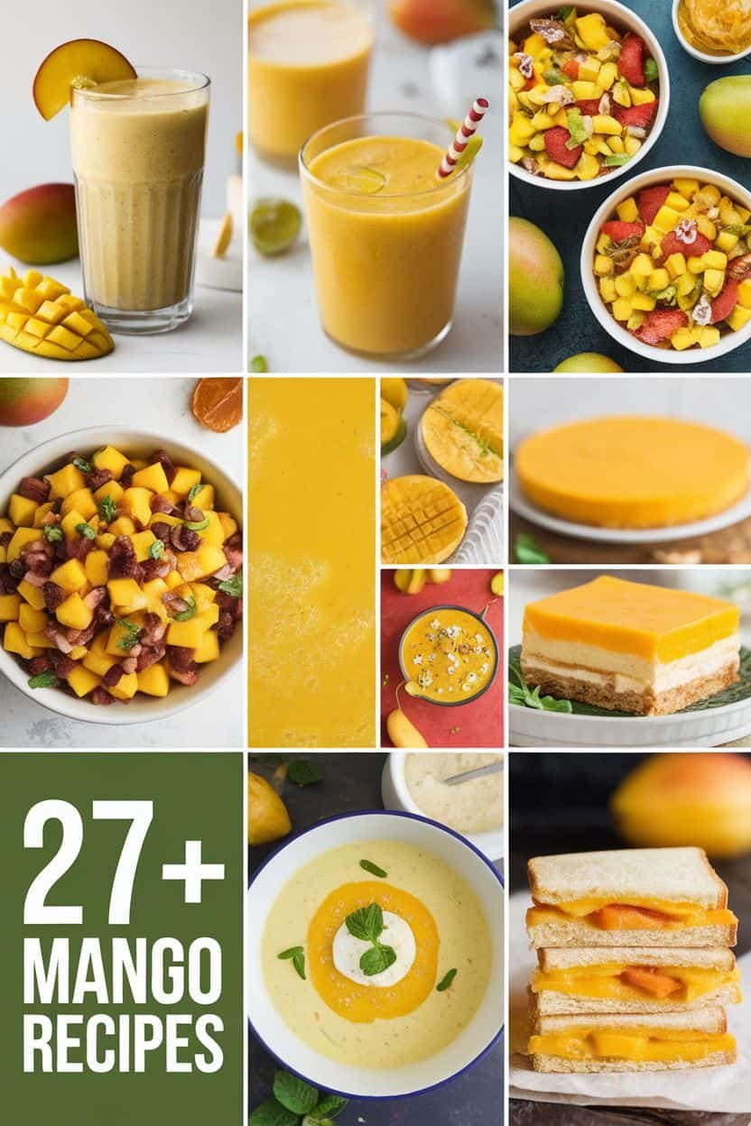 A collage of 27+ mango recipes, featuring mango smoothies, fresh mango salsa, mango desserts, and mango salads, showcasing vibrant colors and diverse textures.