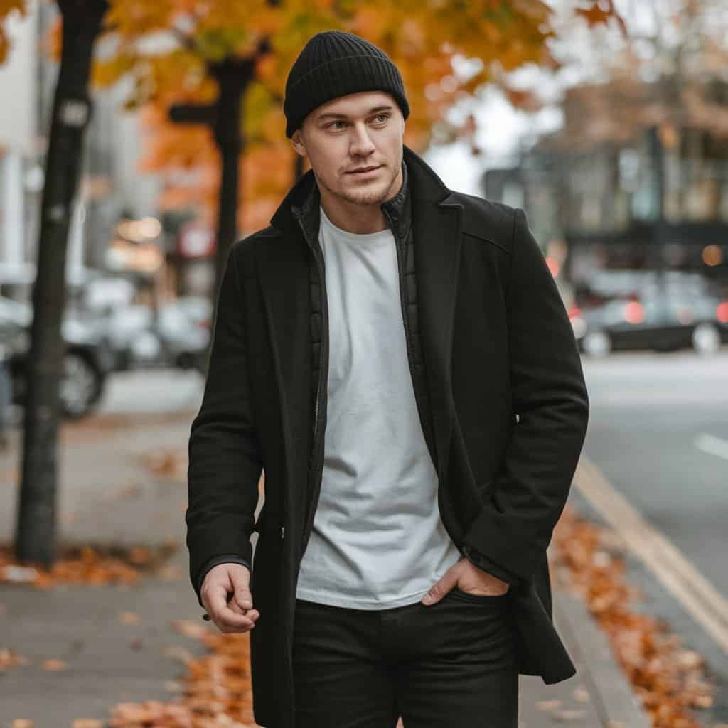 Young man walking on a city street during autumn, dressed in a black coat and beanie, with colorful fall leaves lining the sidewalk.