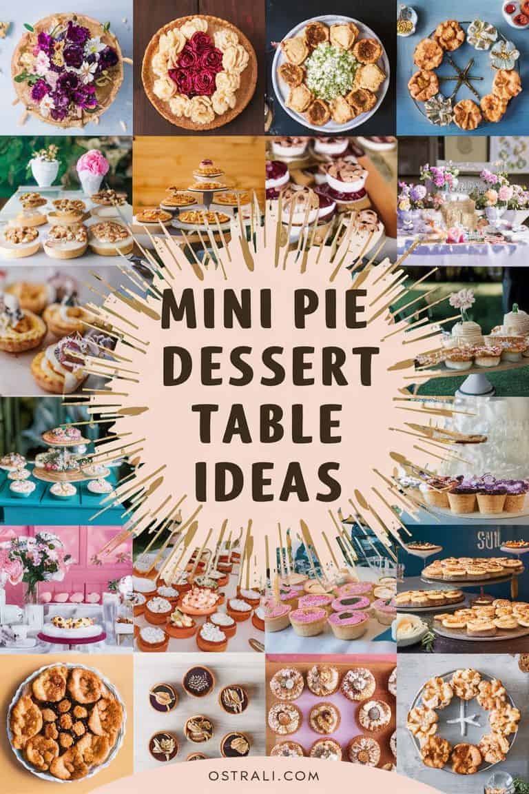 Collage of mini pie dessert table ideas featuring a variety of decorative setups, showcasing mini pies, cupcakes, and other sweet treats ideal for events and celebrations.