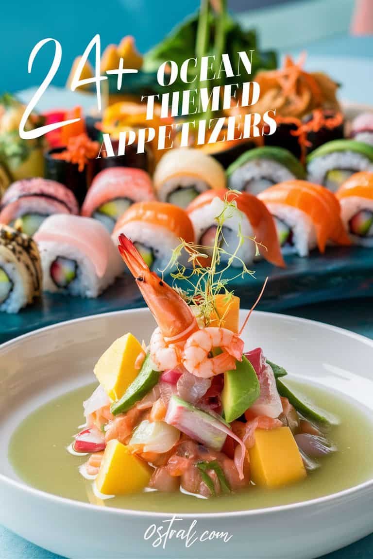 Colorful ocean-themed appetizers featuring a vibrant shrimp and seafood salad with mango and vegetables, complemented by an array of sushi rolls in the background. Ideal for seafood lovers and culinary inspiration.