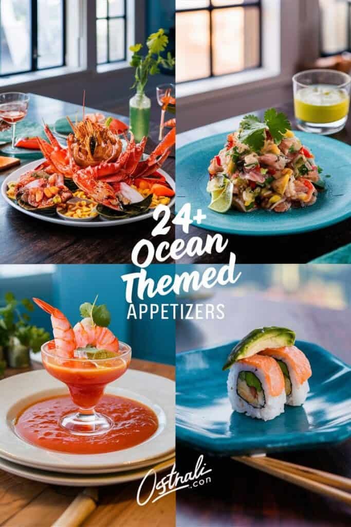 A visually appealing collage of ocean-themed appetizers, featuring a lavish seafood platter with lobster and shrimp, a vibrant seafood salad, a shrimp cocktail in a glass, and sushi rolls. Ideal for seafood lovers looking for creative appetizer ideas.