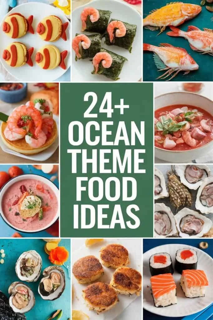 A collage of ocean-themed food ideas featuring various dishes such as shrimp on pancakes, sushi rolls, seafood soups, and decorated fish-shaped desserts, highlighting over 24 creative culinary inspirations for seafood lovers.