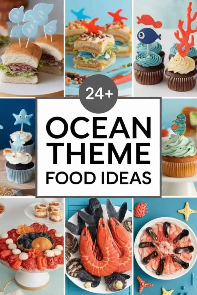 A collage of creative ocean-themed food ideas, featuring sandwiches, cupcakes, and seafood-inspired desserts, showcasing vibrant colors and fun decorations suitable for beach parties or children's events.