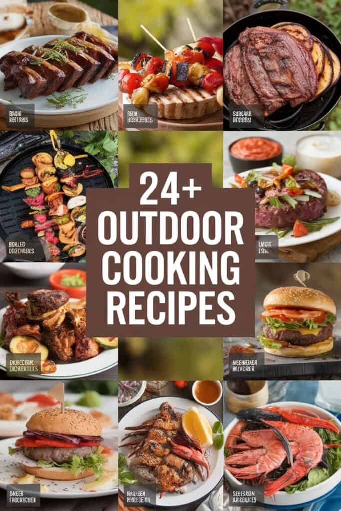 Collage of 24+ outdoor cooking recipes featuring various grilled dishes, including meats, vegetables, and seafood, showcasing vibrant colors and appetizing presentations perfect for summer gatherings.