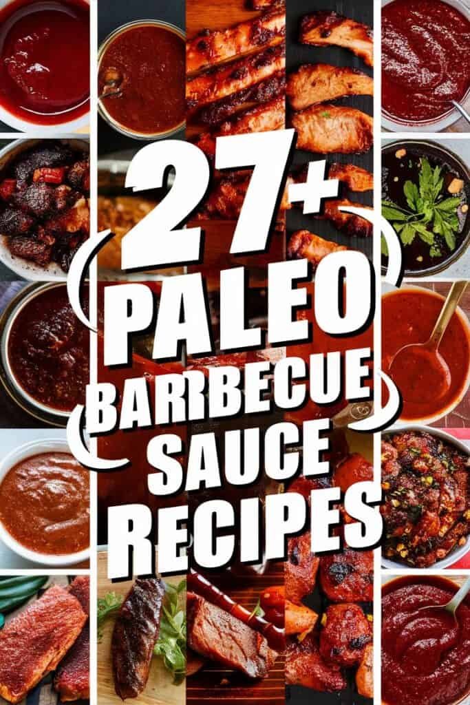 A collage of various homemade paleo barbecue sauces and grilled meats, showcasing over 27 paleo barbecue sauce recipes, ideal for healthy eating enthusiasts and barbecue lovers.