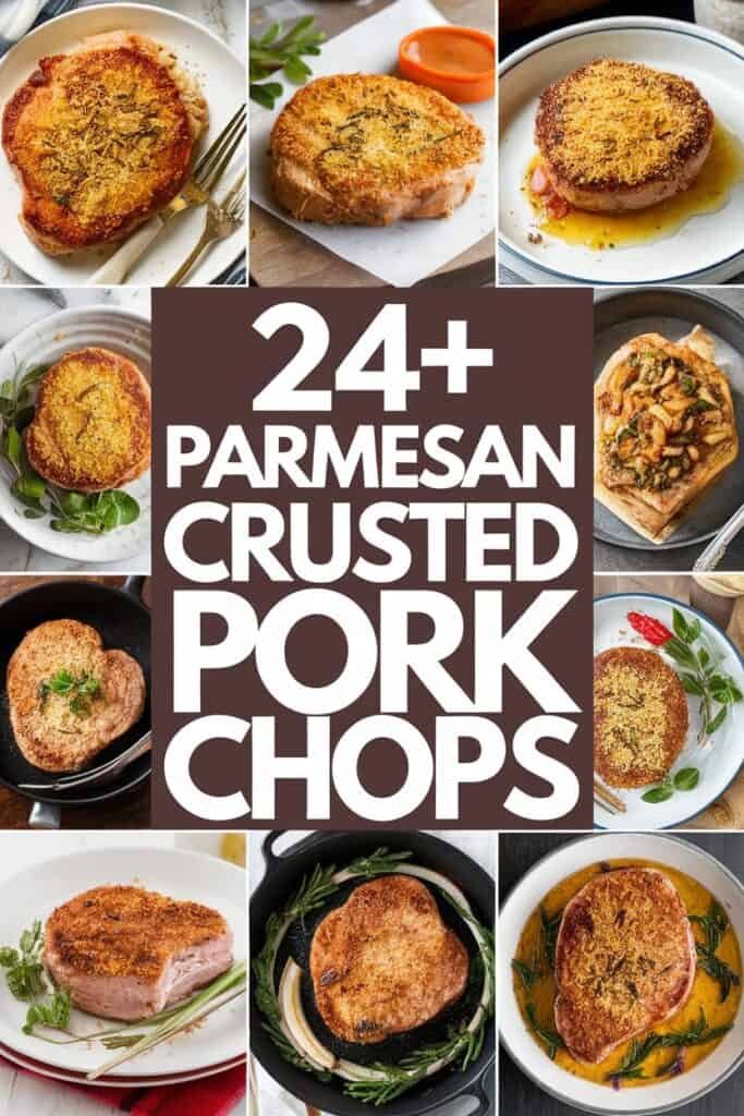 A collage of 24+ delicious Parmesan crusted pork chops presented in various styles and settings, showcasing different cooking methods and garnishes.