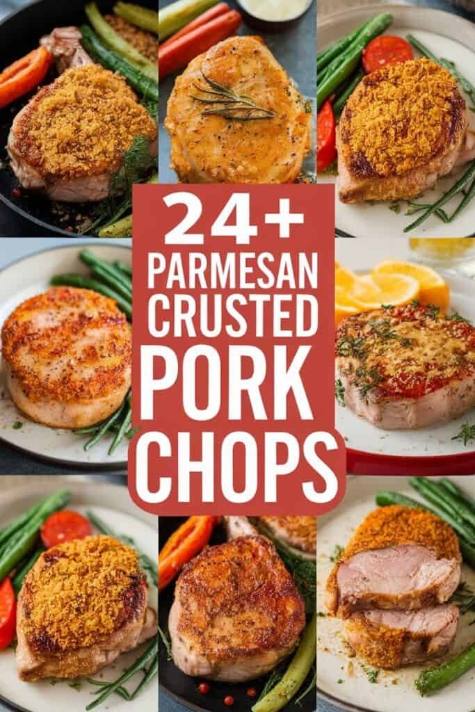 A collage of delicious parmesan crusted pork chops, featuring various cooking styles and garnishes, showcasing over 24 recipes. The image highlights the golden, crispy crust and vibrant sides like green beans and tomatoes, perfect for meal inspiration.