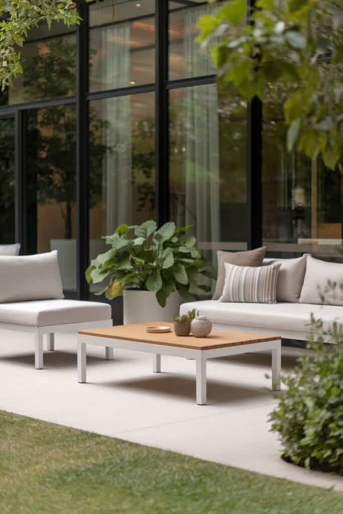 Modern outdoor living space featuring a stylish white sofa set with neutral cushions, a wooden coffee table, and decorative potted plants, surrounded by lush greenery and large glass windows.