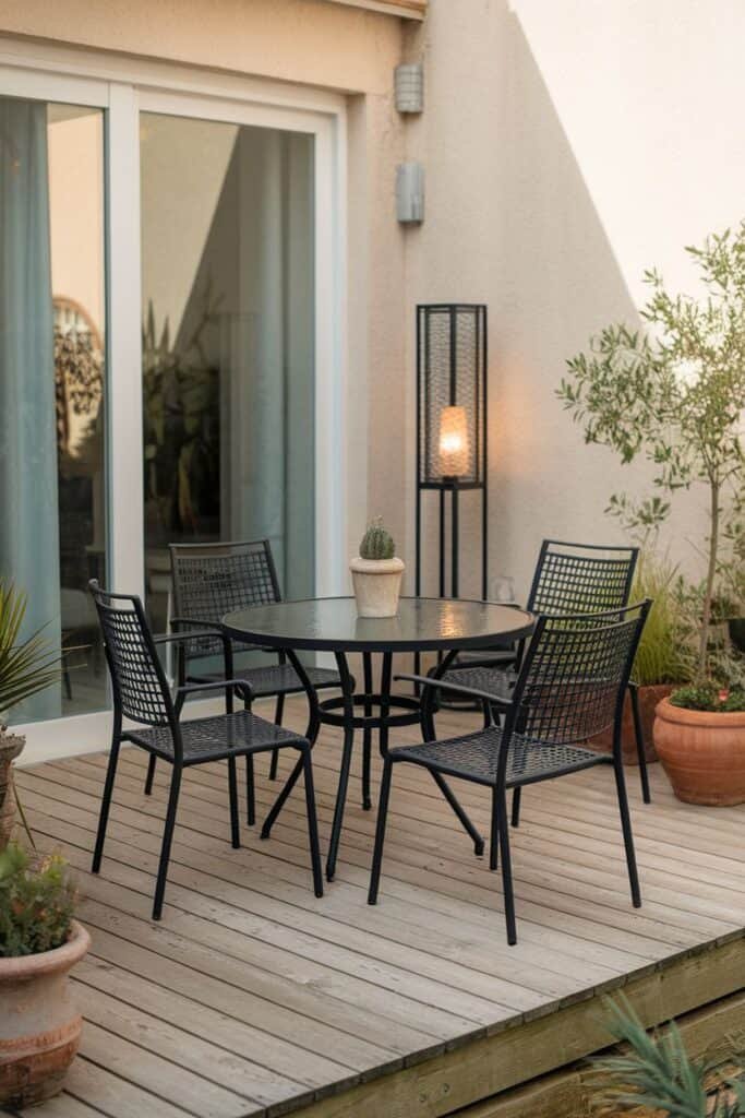 Outdoor dining setup featuring a round black table surrounded by four matching chairs on a wooden deck. A potted cactus sits on the table, with decorative plants in terracotta pots nearby. Soft lighting from a standing lamp enhances the cozy ambiance.