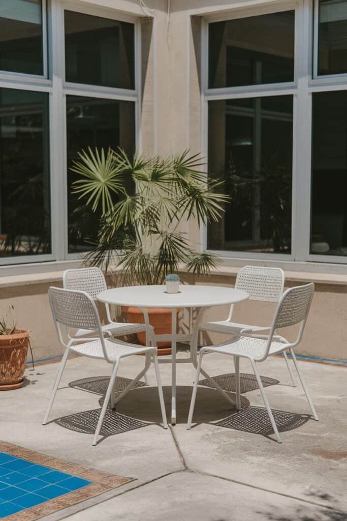 A modern outdoor dining set featuring a round white table and four matching chairs, surrounded by large windows and a potted palm plant, set against a sunlit patio with a blue-tiled pool edge.