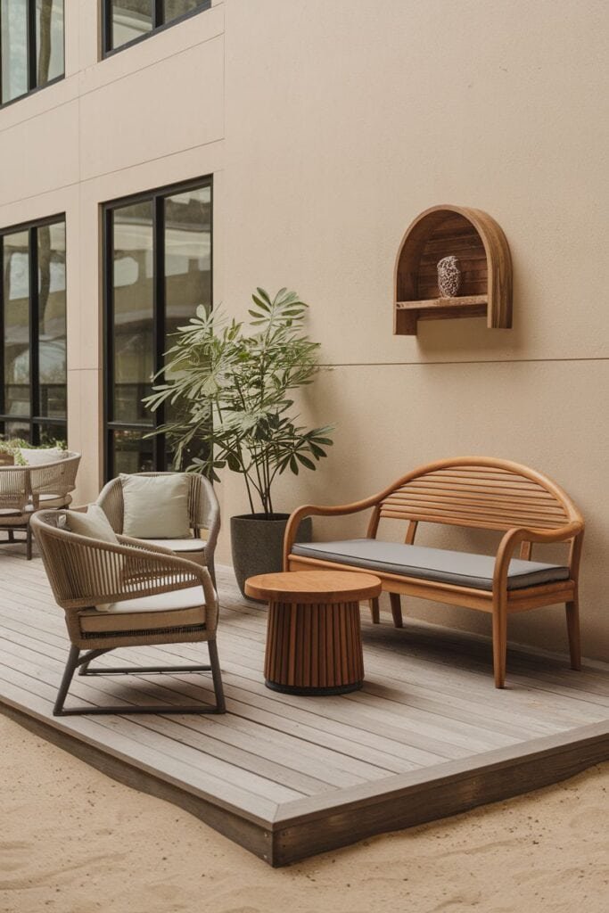 Stylish outdoor seating area featuring a wooden bench with gray cushions, a round wooden side table, and modern wicker chairs. Lush greenery adds a natural touch against a beige wall with large windows, creating a serene and inviting atmosphere.