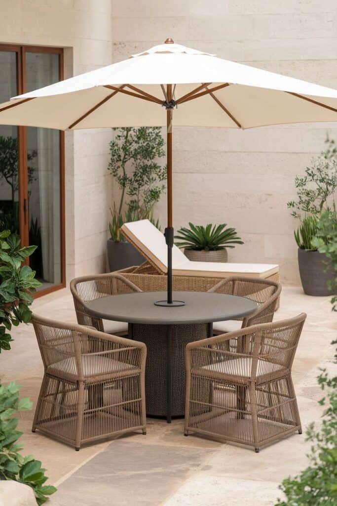 Outdoor dining area featuring a round table with a central umbrella, surrounded by four woven chairs, set against a backdrop of greenery and modern architecture. Ideal for relaxation and entertaining in a stylish patio setting.