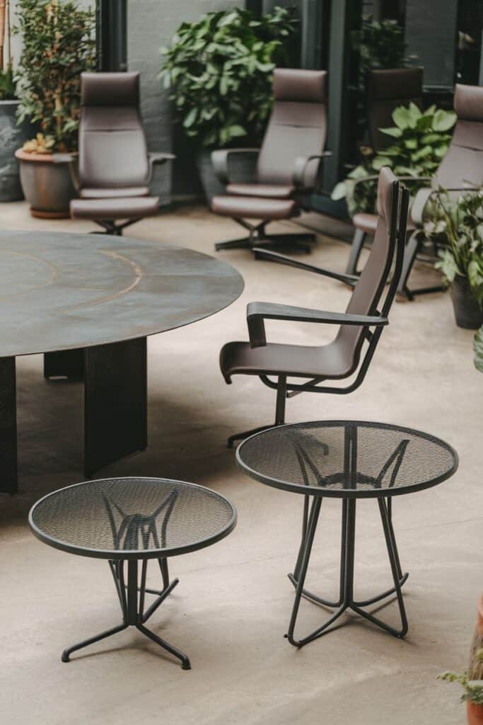 Modern outdoor seating area featuring a large round metal table and two smaller round mesh tables, surrounded by stylish brown reclining chairs and lush greenery, creating a relaxing ambiance.