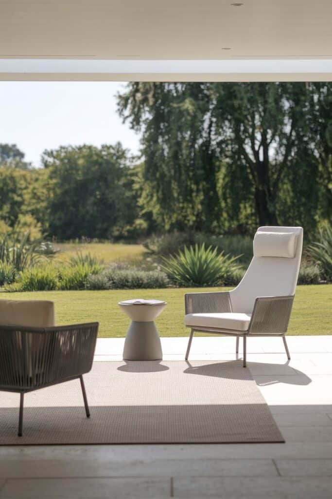 Modern outdoor living space featuring a stylish white lounge chair and a contemporary side table on a textured rug, overlooking a lush green landscape. Ideal for relaxation and enjoying nature.