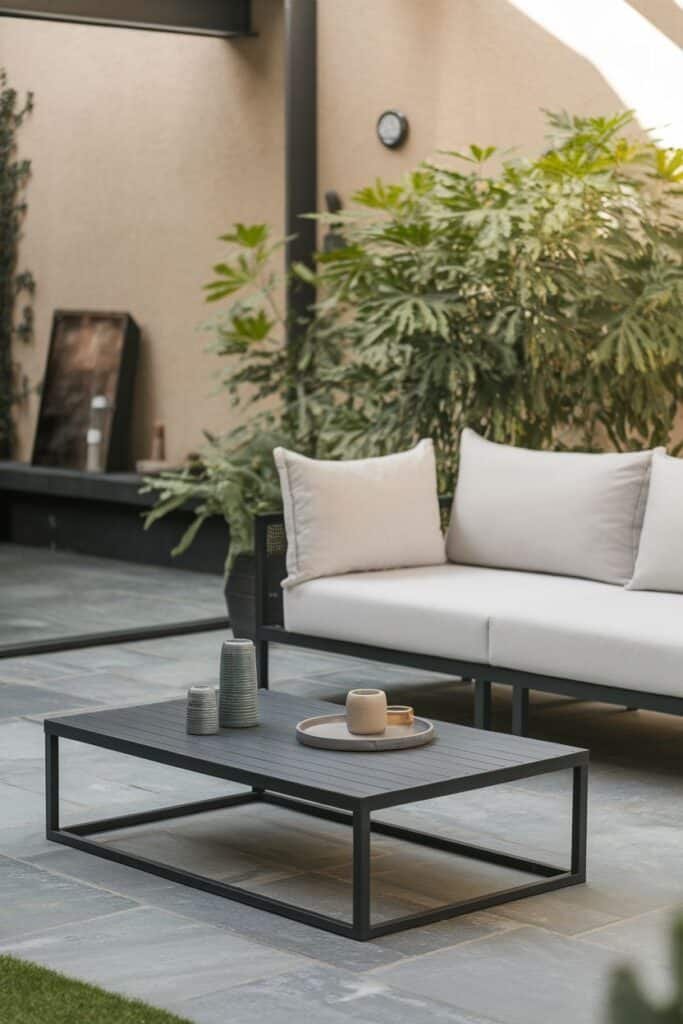 Modern outdoor living space featuring a sleek black coffee table with decorative vases and a tray, complemented by a comfortable white sofa with plush cushions, surrounded by lush greenery and stone flooring.