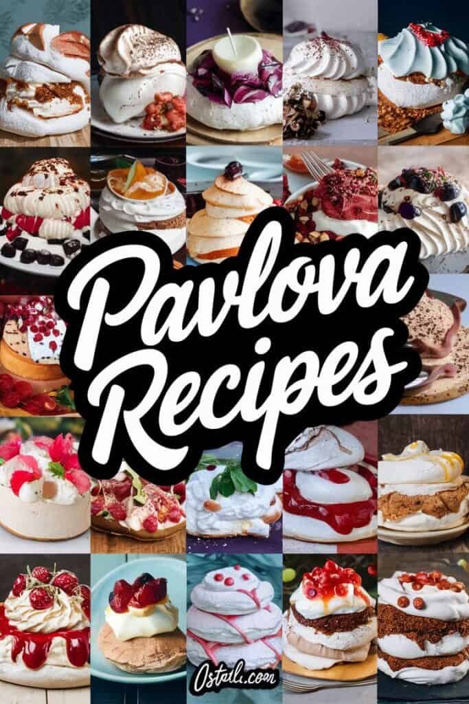 A collage of various Pavlova desserts showcasing different toppings and styles, featuring whipped cream, fruits, and vibrant colors, with the text "Pavlova Recipes" prominently displayed. Ideal for dessert enthusiasts looking for inspiration.