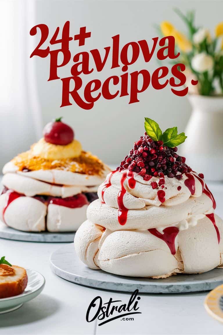 Two beautifully decorated pavlova desserts topped with fresh fruit and drizzled with sauce, with text highlighting "24+ Pavlova Recipes" in bold red letters. The background features a light, airy setting with flowers, emphasizing a delightful dessert theme.