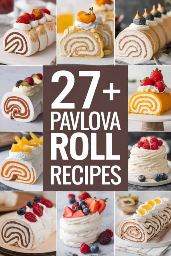 A collage of 27+ delicious pavlova roll recipes showcasing various flavors and toppings, including chocolate, fruit, and cream, perfect for dessert enthusiasts.