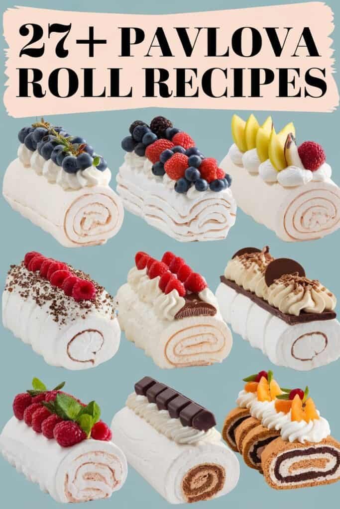 A collage of nine different Pavlova roll desserts, showcasing various toppings like fresh berries, bananas, and chocolate, with a title highlighting "27+ Pavlova Roll Recipes" for dessert enthusiasts.