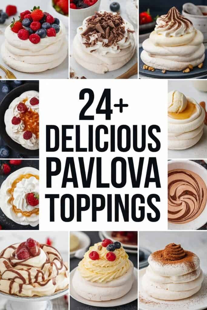 A collage showcasing 24+ delicious Pavlova toppings, featuring various styles of Pavlova desserts topped with fruits, whipped cream, chocolate, and sauces, perfect for dessert inspiration.