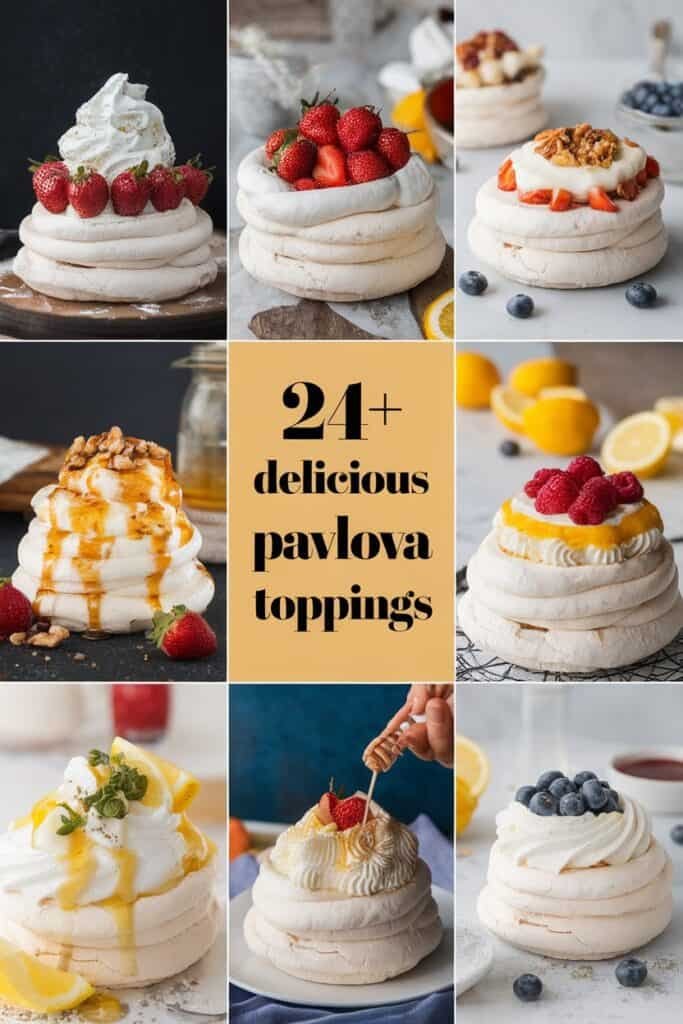 A collage of various pavlova desserts showcasing 24+ delicious toppings, including fresh strawberries, blueberries, raspberries, whipped cream, and caramel. Each pavlova features unique arrangements and flavors, highlighting creative presentation and enticing garnishes. Perfect for dessert inspiration and recipe ideas.