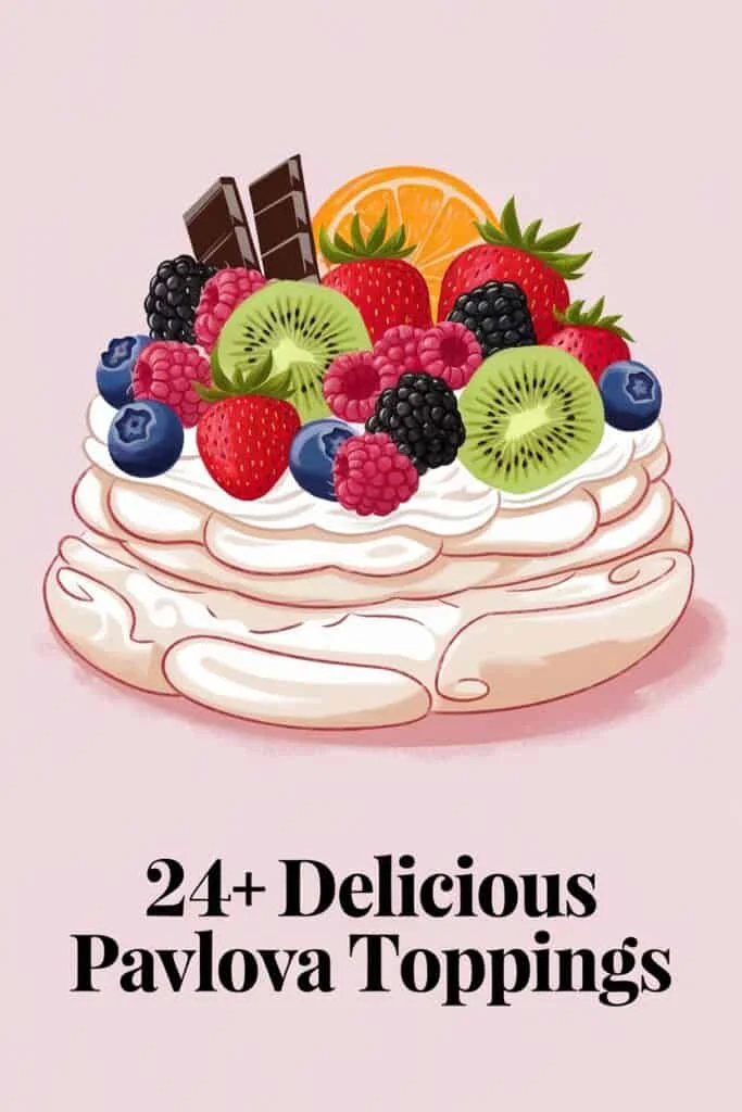Illustration of a pavlova dessert topped with a variety of fresh fruits including strawberries, blueberries, raspberries, blackberries, kiwi, and an orange slice, along with chocolate pieces, showcasing 24+ delicious pavlova topping ideas.