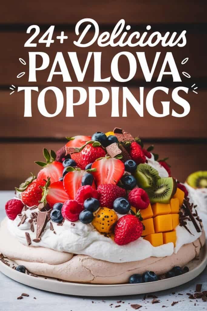 A beautifully decorated pavlova topped with an assortment of fresh fruits including strawberries, blueberries, raspberries, kiwi, and mango, along with chocolate shavings, set against a rustic wooden background. The image showcases over 24 delicious pavlova topping ideas.