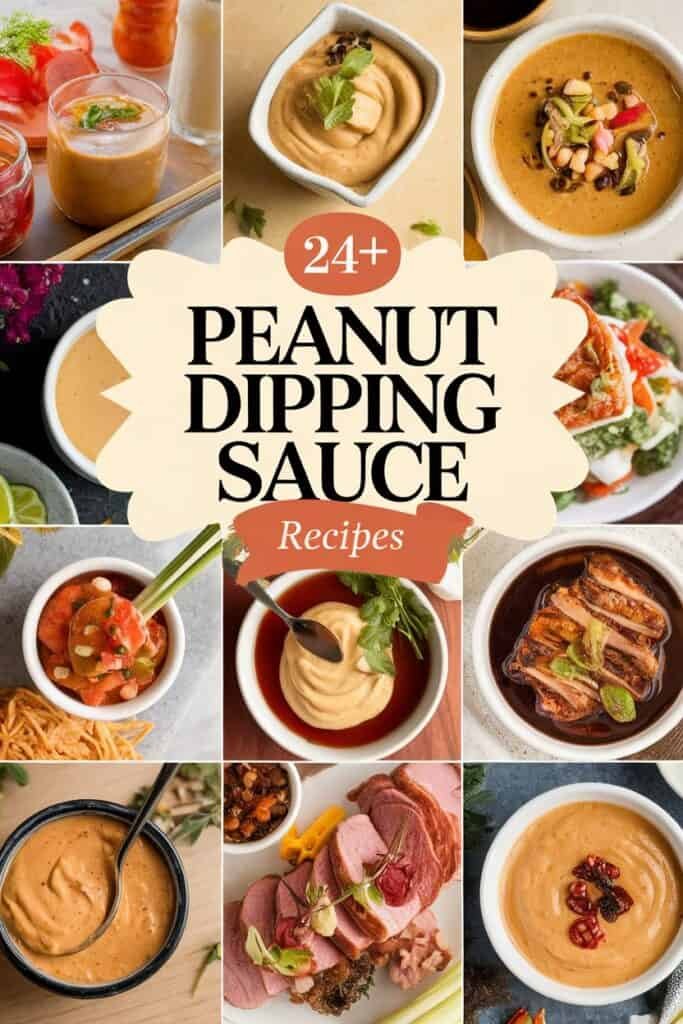 A collage of various peanut dipping sauces, showcasing over 24 recipes. The image features different styles and presentations of peanut sauce served in bowls, accompanied by dishes like meats, vegetables, and noodles, highlighting the versatility of peanut dipping sauces in culinary use.