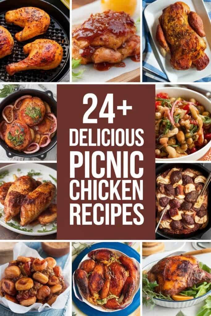A collage of various picnic chicken recipes, showcasing grilled, roasted, and baked chicken dishes, including flavorful marinades and side dishes, with a title highlighting "24+ Delicious Picnic Chicken Recipes."