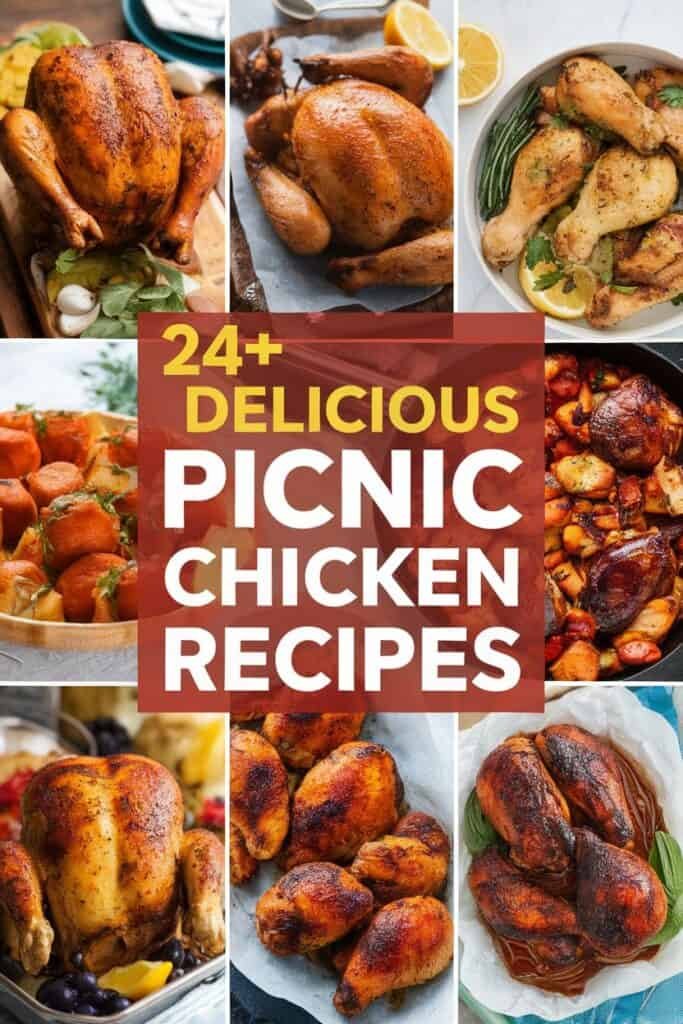 A collage of delicious picnic chicken recipes featuring whole roasted chickens, chicken drumsticks, and flavorful sides, showcasing over 24 unique dishes perfect for outdoor gatherings.