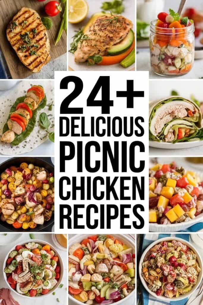A collage of 24+ delicious picnic chicken recipes featuring grilled chicken, chicken wraps, and colorful salads, highlighting fresh ingredients and vibrant presentations. Ideal for outdoor meals and gatherings, showcasing a variety of healthy and flavorful options.