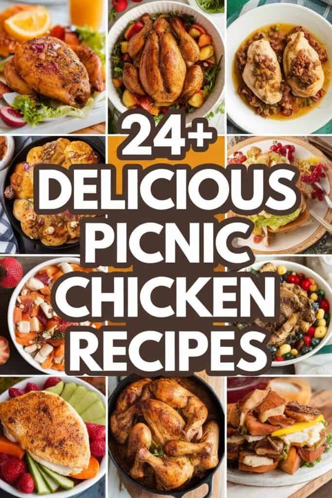 A collage of various picnic chicken recipes featuring roasted and grilled chicken dishes, accompanied by colorful sides like salads and fruits, highlighting over 24 delicious options for outdoor dining.