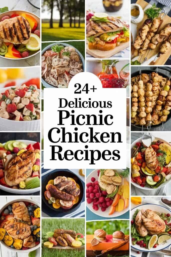 A collage of 24+ delicious picnic chicken recipes featuring grilled chicken dishes, salads, and colorful sides, perfect for outdoor dining. The image showcases a variety of preparations, including skewers, sandwiches, and vibrant fruit salads, ideal for summer picnics.