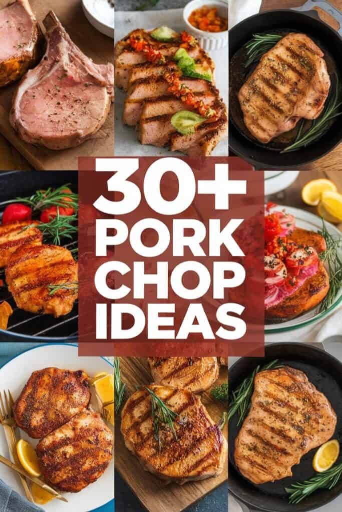 Collage of various pork chop dishes, showcasing over 30 creative ideas for preparing pork chops, including grilled, baked, and seasoned options, with vibrant garnishes and side dishes.