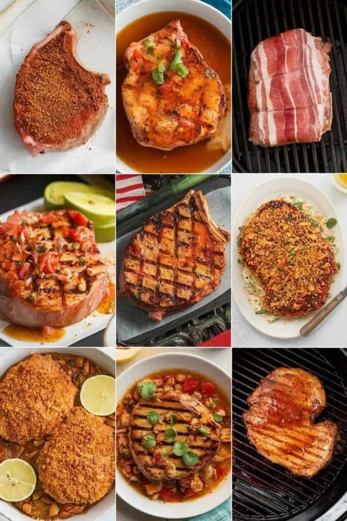 A collage of various pork chop dishes showcasing different cooking methods, including grilled, baked, and pan-seared preparations. The image features seasoned pork chops, some topped with vegetables and sauces, and others presented with sides like grains and garnishes, highlighting diverse flavors and presentation styles.